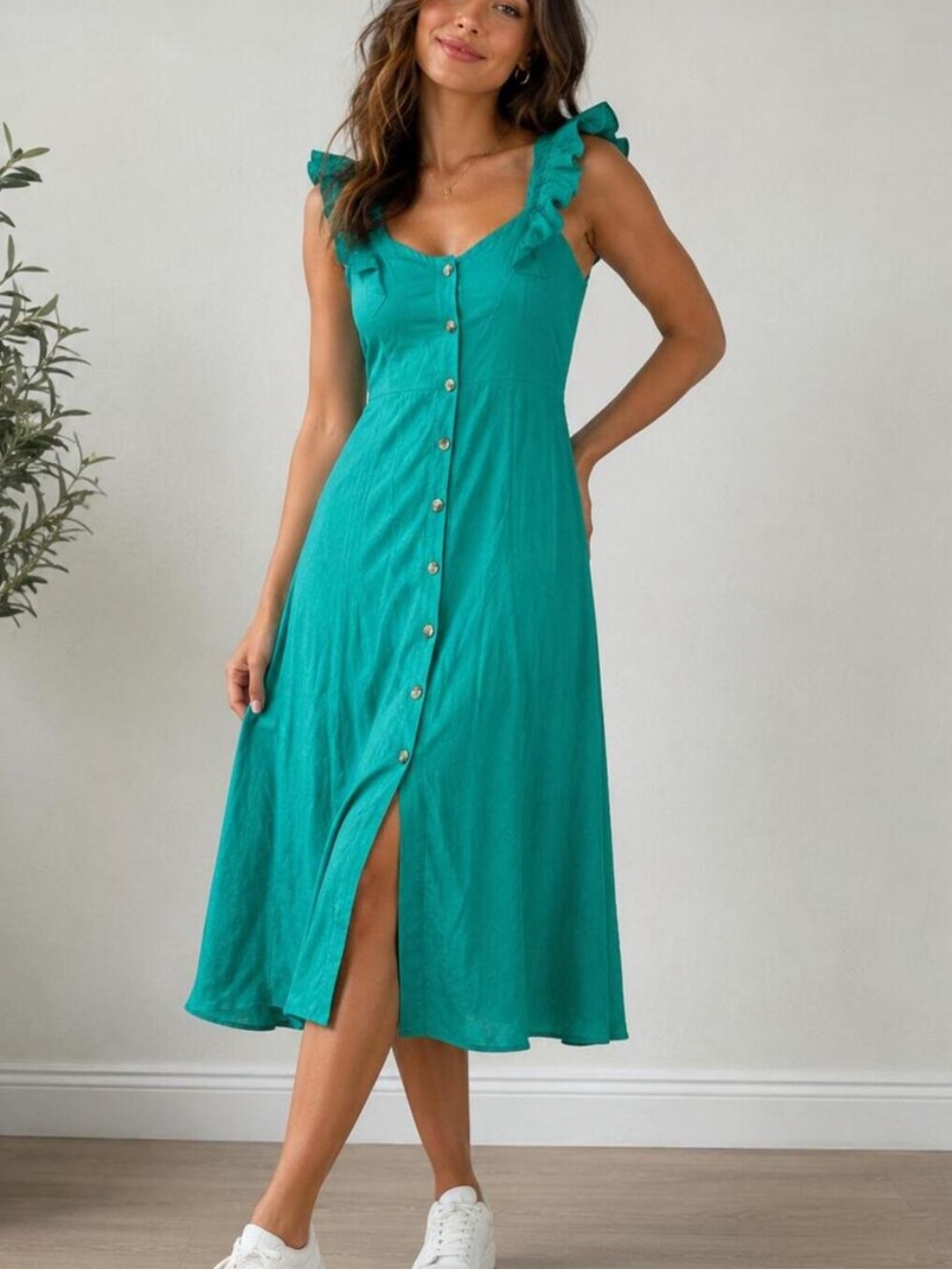 Billabong Teal Button-Front Midi Dress with Ruffle Straps